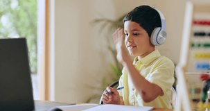Child, laptop and headphones in home education, math e learning and hands for quiz on video call or kids website. Kid writing answer and listening to virtual class or school on computer for knowledge