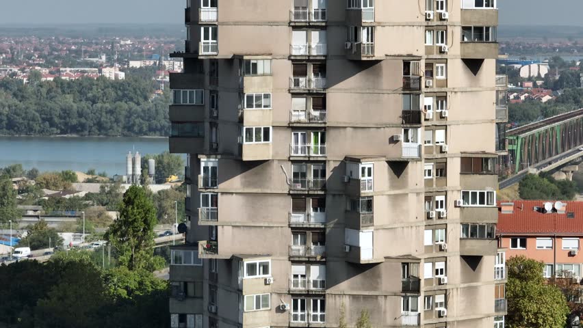 Close up Shot of Modernist residential tower, a Toblerone building, Brutalist Architecture in living District Belgrade