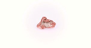 copper nugget 360° rotation in 4k macro isolated on white background. macro detail  background. close-up Rough raw unpolished semi-precious gemstone