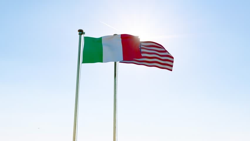 United States and Italy flags Waving with blue sky. 4K Ultra Hd.  Royalty-Free Stock Footage #1110552589