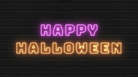 Glowing neon line of happy halloween isolated on brick wall background, 4k animation - Powered by Shutterstock - Get 15% off with code: PIKWIZARD15