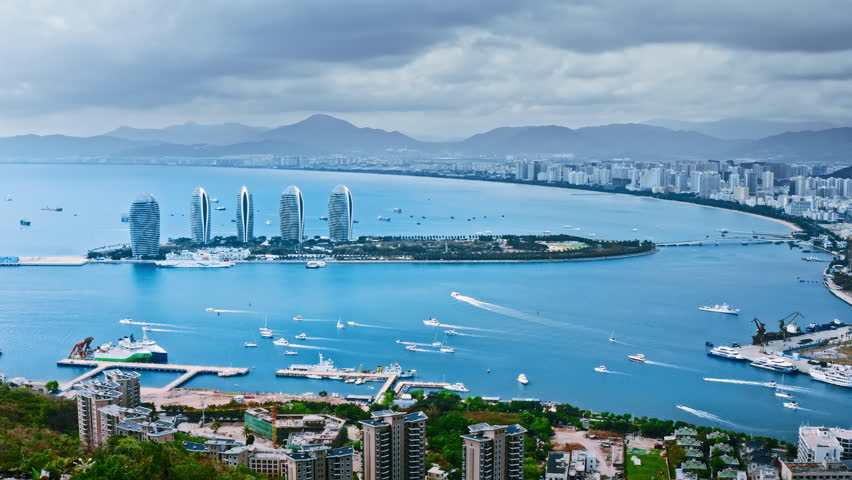 Aerial view of city skyline and modern buildings at the seaside, Sanya, Hainan Island, China. Famous travel destination in China.