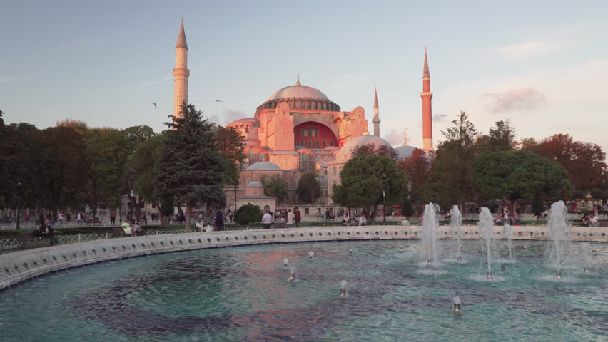 Scenic fountain at the Sultanahmet Square and the Hagia Sophia in Istanbul, Turkey. The Sultanahmet Square is a popular tourist attraction of the world.