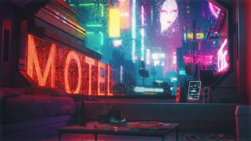 Cyberpunk Motel City in a 3D animation Royalty-Free Stock Footage #1110560969