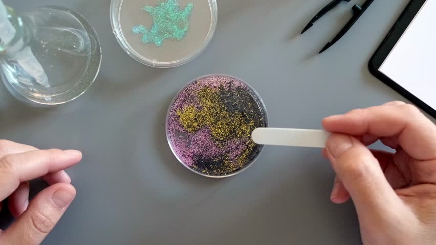 Unrecognizable female scientist investigating dangerous effects of microplastics over clean water. Close up of chemist hands analyzing glitters mix sample on a petri dish in environment research lab. - Powered by Shutterstock - Get 15% off with code: PIKWIZARD15