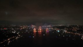 100th Anniversary Celebrations of the Republic of Türkiye Fireworks Show Drone Video, 15 July Martyrs Bridge Cengelkoy, Uskudar Istanbul, Turkiye (Turkey)
