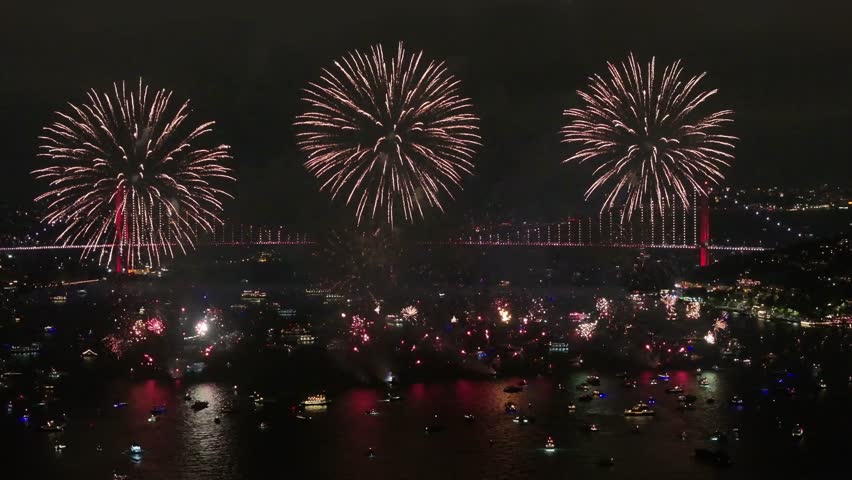 100th Anniversary Celebrations of the Republic of Türkiye Fireworks Show Drone Video, 15 July Martyrs Bridge Cengelkoy, Uskudar Istanbul, Turkiye (Turkey) Royalty-Free Stock Footage #1110563321