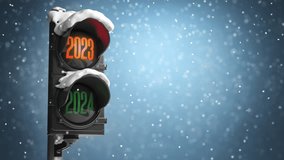 Happy new year 2024 Traffic light with green light 2024 and red 2023 on sky background. 3d video animation