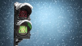 Happy new year 2024 Traffic light with green light 2024 and red 2023 on sky background. 3d video animation - Powered by Shutterstock - Get 15% off with code: PIKWIZARD15