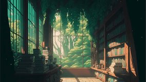 Drawing green library space. Anime background video for relaxing and studying