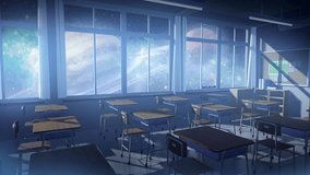 Galaxy space themed classroom.  Window view galaxy. Anime classroom background video 