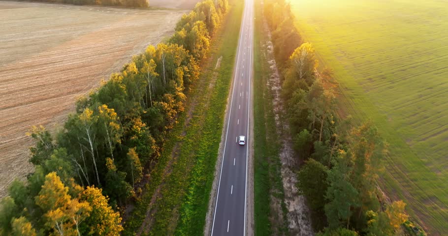 white minivan car drives on a asphalt road among the fields, forest at sunset