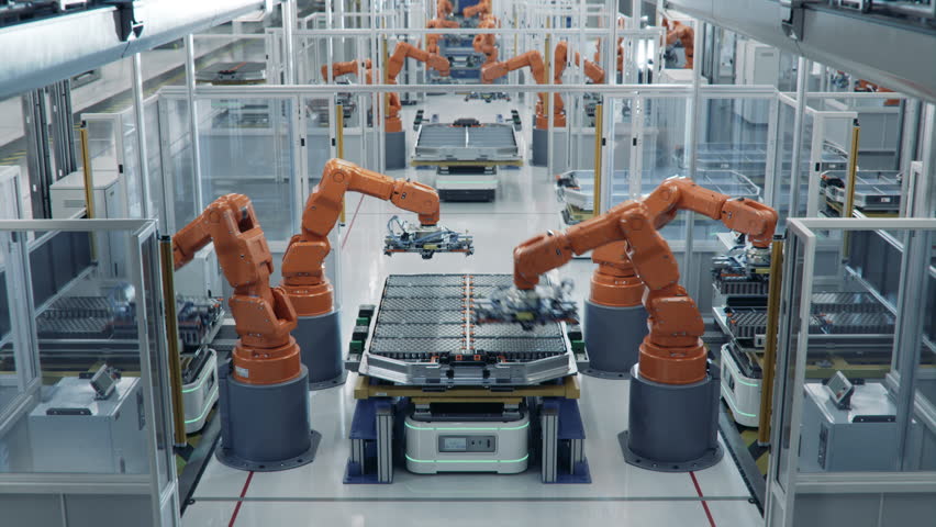 Time-lapse of EV Battery Pack for Automotive Industry Assembled on Production Line with Orange Robotic Arms.  Automated Electric Car Smart Factory. Battery Manufacturing Line Equipped with Robot Arms | Shutterstock HD Video #1110569217