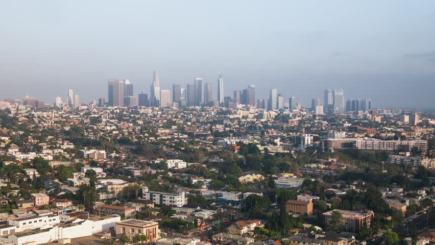 Aerial View Shot of Los Angeles LA CA, L.A. California USA, day daytime, downtown LA, DTLA, LA Skyline, superb light, push in