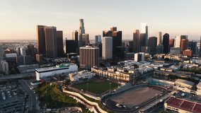 Aerial View Shot of Los Angeles LA CA, L.A. California USA, day daytime, downtown LA, DTLA, LA Skyline
