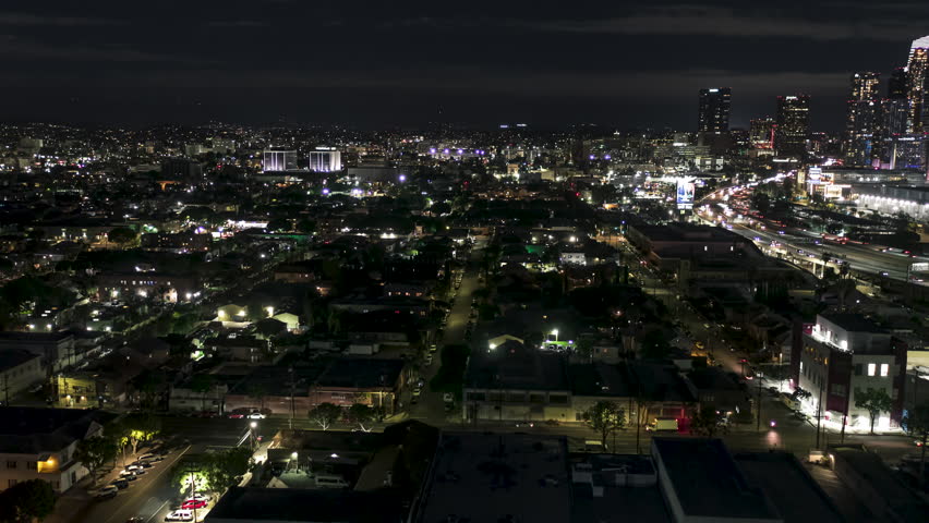 Establishing Aerial View Shot of Los Angeles LA CA, L.A. California USA, at night evening, super clear image, Westlake Royalty-Free Stock Footage #1110569911
