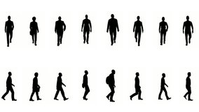 silhouette business man people walk on white background. silhouette black people walking communicate white screen. design for animation, people standing isolate speak person human silhouette body.