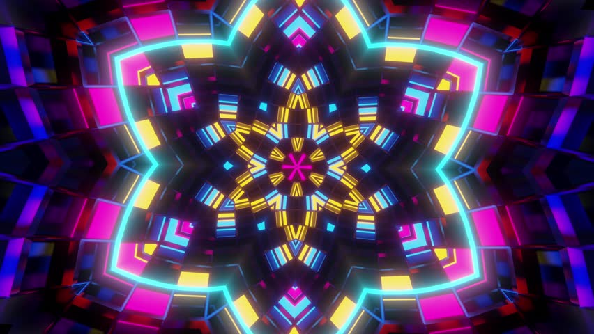 An abstract background of colorful kaleidoscopic corridor glowing with vibrant neon light Royalty-Free Stock Footage #1110571281