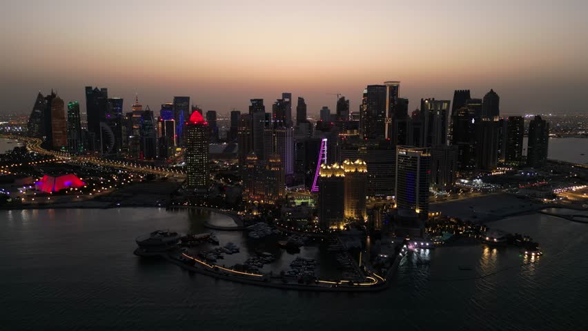 Night aerial shot of The West Bay area of Doha (Ad-Dauha), capital of Qatar