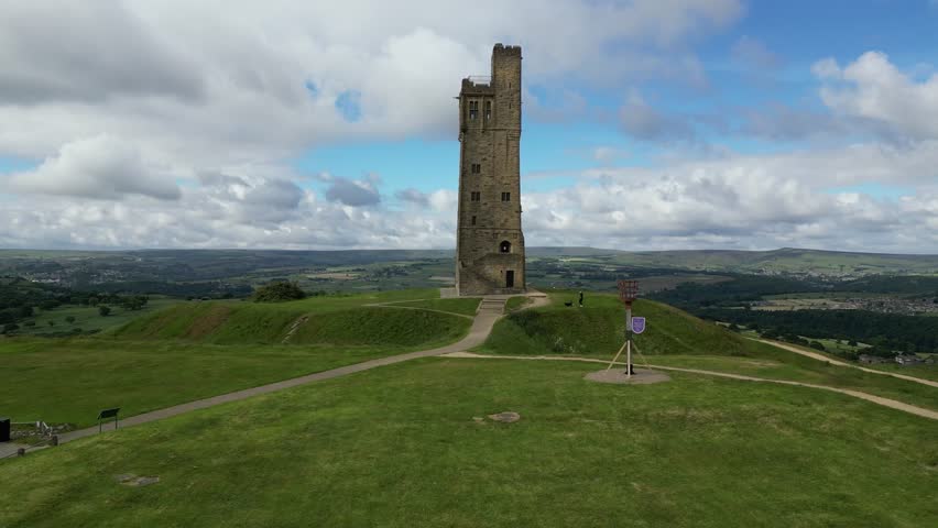 An aerial footage of the Victoria Tower Castle Hill Huddersfield