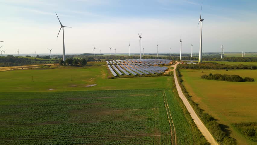 A drone footage of solar panels and wind turbines in a vast grassy field on a sunny day in Taurage, Lithuania