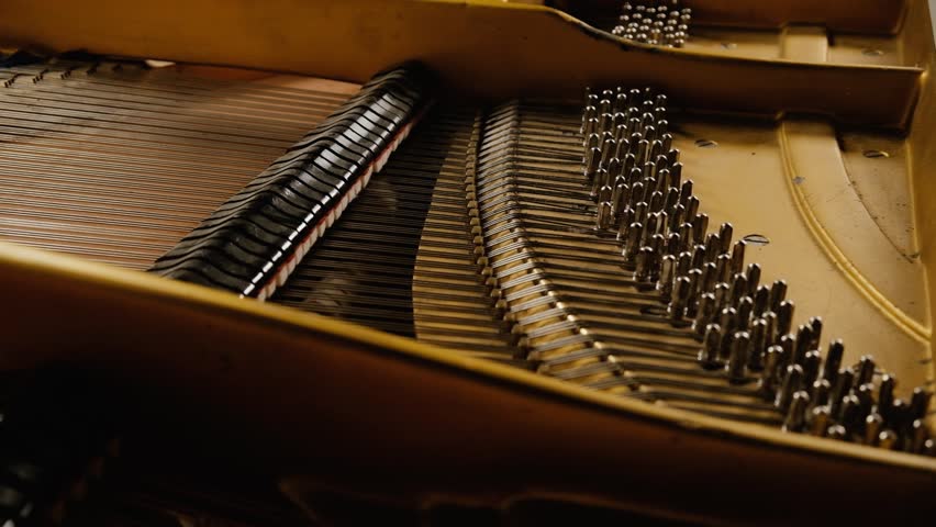 Piano hammers quick strokes of the hammers on the strings inside the piano in close up. Master tunes the piano