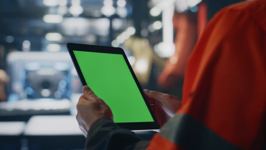 Closeup technician working mockup tablet checking production information. Unknown engineer in uniform holding green screen computer at factory. Professional workman hands touching chroma key gadget. Royalty-Free Stock Footage #1110576993