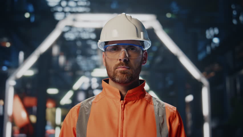 Closeup skilled factory worker posing at large production warehouse in uniform. Serious bearded engineer standing in manufacture facility. Confident professional technician in helmet looking camera.