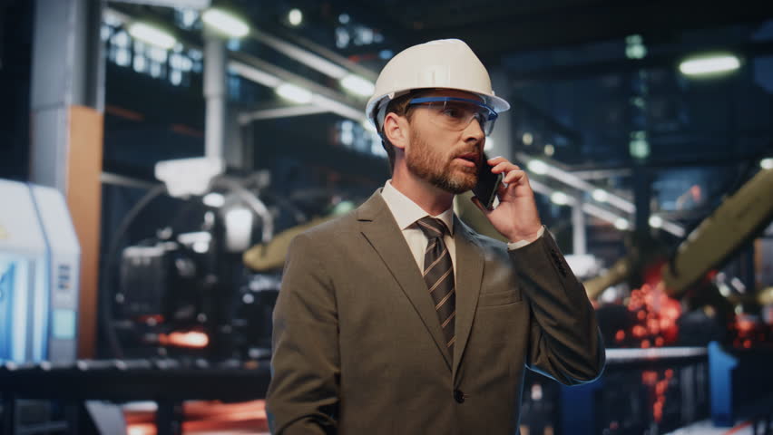 Plant specialist talking cellphone near modern metallurgy equipment close up. Worried factory engineer ending call dissatisfied negotiations. Bearded businessman in helmet quarrelling on mobile phone. Royalty-Free Stock Footage #1110577121