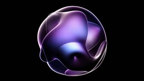 3D render abstract art video surreal alien ball flower in spherical round wavy smooth soft biological lines forms in soft metal and transparent plastic purple blue gradient color on black background
