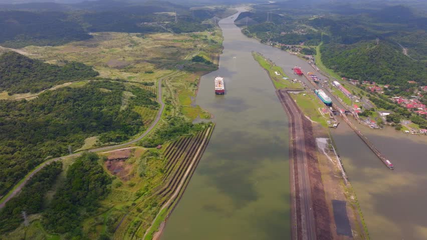 Panama Canal, Canal locks, Maritime Transit, container ship, Gatun Lake, climate change, Panama mining Royalty-Free Stock Footage #1110584455