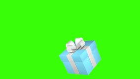 A beautiful blue gift box opens. 3D animation on a green screen. Holidays and gifts concept.