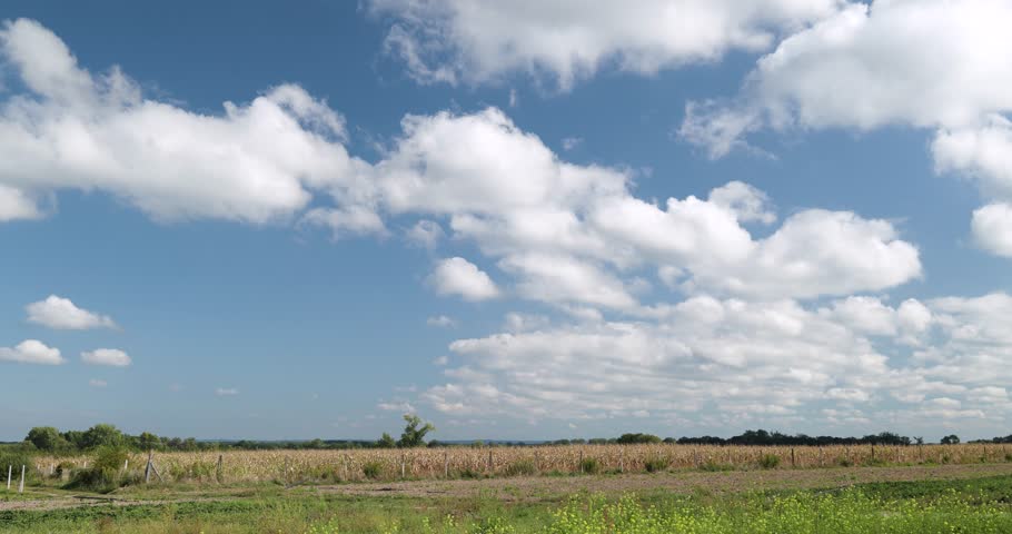 Timelapse of white clouds in blue sky over farmland, sunny summer day, part 2 Royalty-Free Stock Footage #1110586775