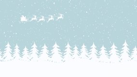 Christmas animation. Winter landscape. Santa Claus is riding across the sky on deer. White fir trees silhouettes on blue background. Winter forest in snowy day