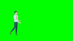  A businessman stands sideways and waves his arms. A young office worker stands in profile and points direction with both hands. 2D flat looped video. Blue. Motion graphic animation. Alpha channel