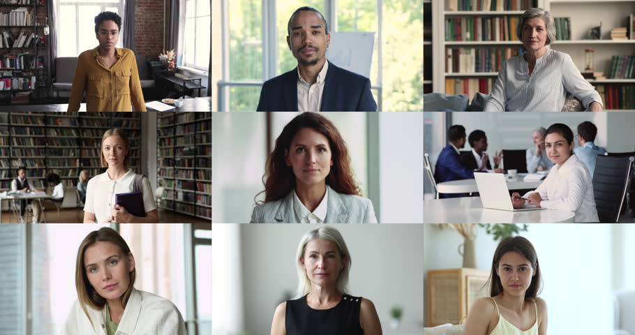 Group of different age and ethnicity people staring at camera posing at home or workplace. Collage of happy smiling businesspeople and student. Video conference application, global communication, tech Royalty-Free Stock Footage #1110589899
