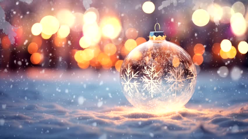 A glass bauble lies on the snow. Falling snow and moving lights in the background. Loop animation. One minute