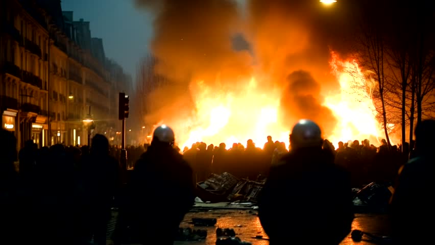 Riots in the city. Fire in the streets. Loop animation. One minute Royalty-Free Stock Footage #1110591983