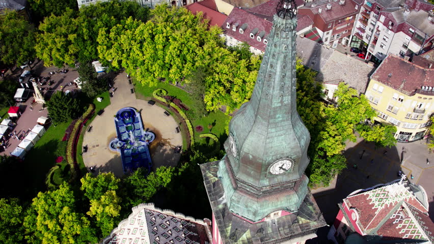 View of the fountain from the tower of the town hall in the city of Subotica. High quality 4k footage