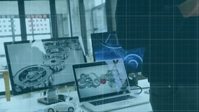 Animation of statistical data processing against caucasian man using digital tablet at office. Computer interface and business data technology concept - Powered by Shutterstock - Get 15% off with code: PIKWIZARD15