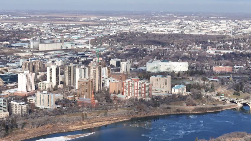 Glide over downtown Saskatoon as winter unveils its charm. The drone captures the city