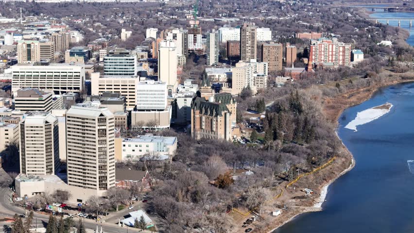 Glide over downtown Saskatoon as winter unveils its charm. The drone captures the city