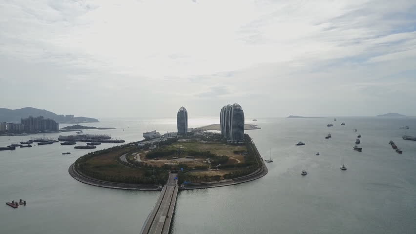 China Hainan island, city of Sanya, aerial view on man-made island in the form.