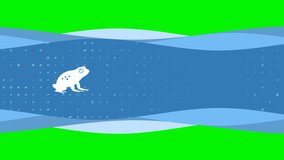 Animation of blue banner waves movement with white frog symbol on the left. On the background there are small white shapes. Seamless looped 4k animation on chroma key background