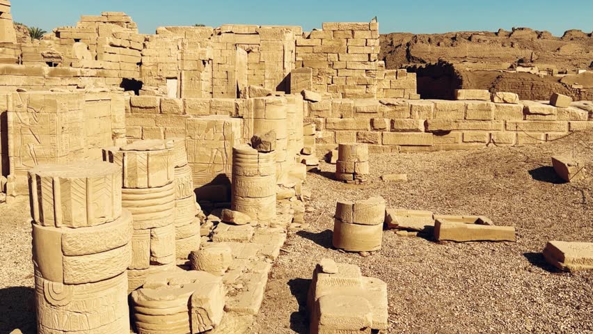 The ruins of the Egyptian temple complex Dendera. Museum in Egypt. Hathor Temple. The Denderian zodiac. The complex is a mixture of ruined temples, chapels, pylons and other buildings. Egypt 2022. 4K