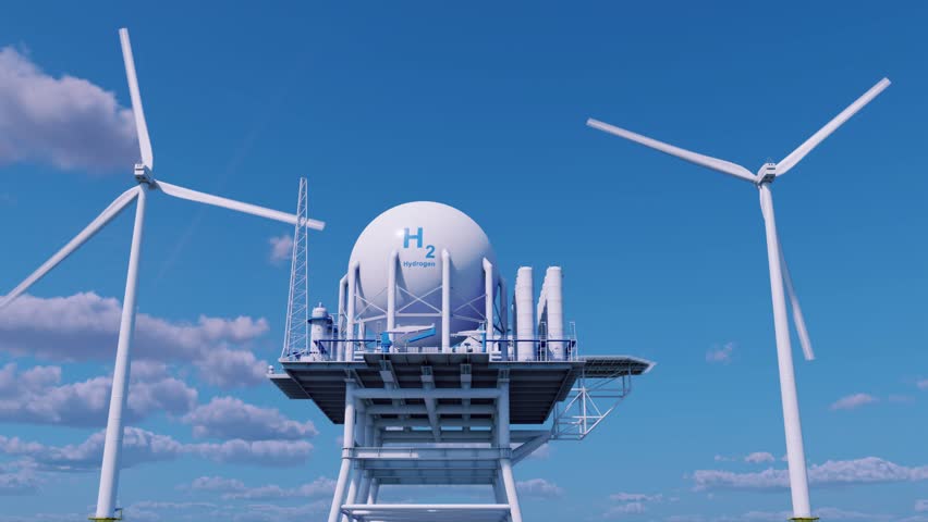 Production of renewable marine energy based on hydrogen. Production of hydrogen by electrolysis from electricity generated by wind farms. 3d rendering.