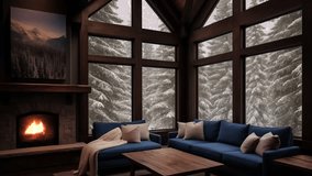 Cozy cabin with fireplace and beautiful snowy forest view - Powered by Shutterstock - Get 15% off with code: PIKWIZARD15
