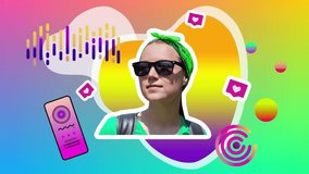 Woman in bandana smartphone social media ad creative stop motion animation. Girl listens to music sound app songs playlist podcasts gradient colors. Like button Modern funky trendy urban style graphic - Powered by Shutterstock - Get 15% off with code: PIKWIZARD15