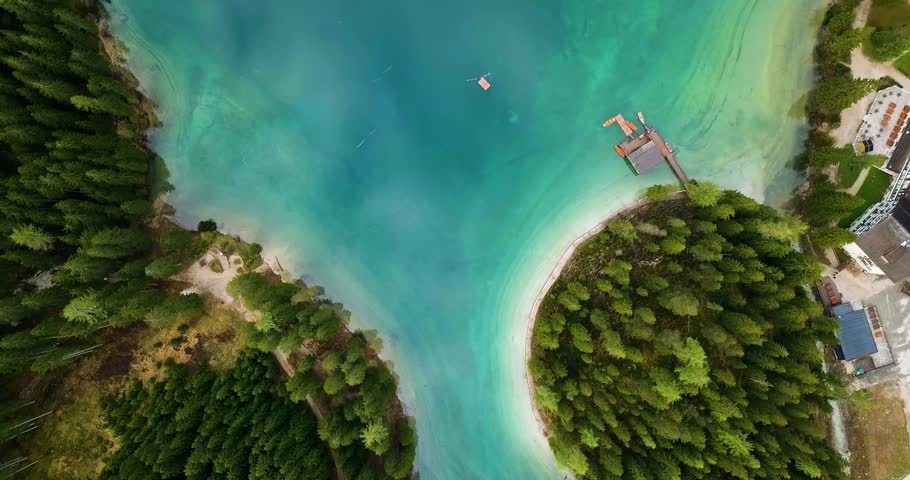 Arial footage of Pragser Wildsee in Dolomites Italy.	