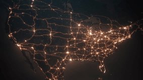 Glowing Light Trails Over North America - USA, Data Flow, Connections, Technology